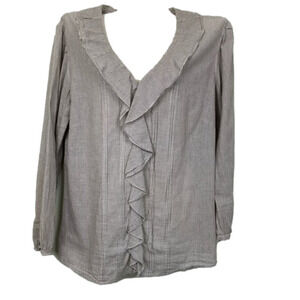 Chico’s Long Sleeve Ruffle Blouse Grey & White Stripe Size L
